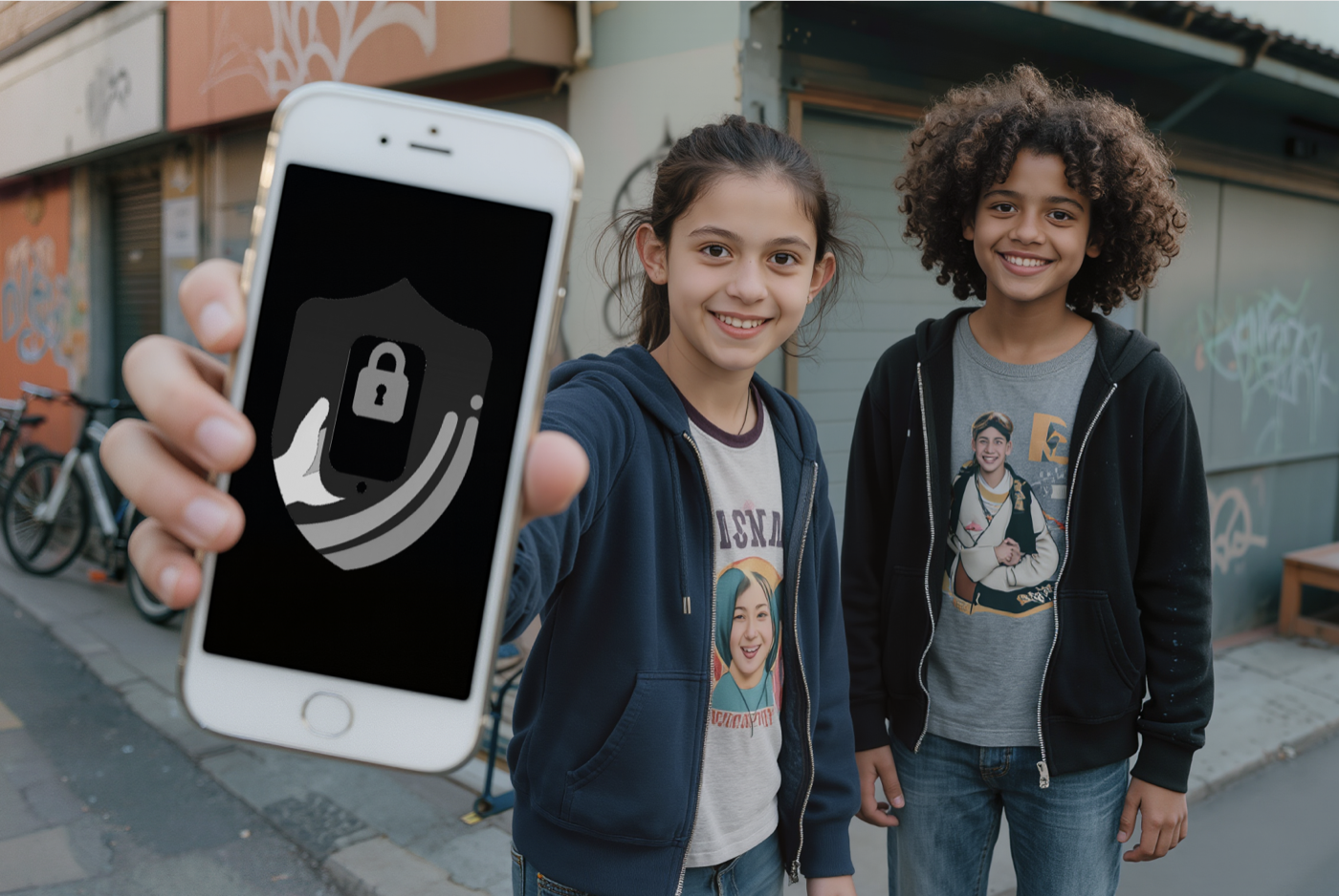 Deux adolescents souriants montrant un smartphone protégé par Shieldy