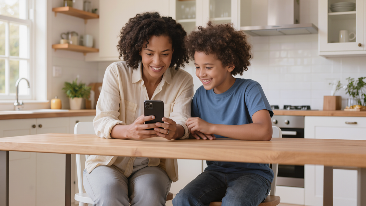 Une mère et son enfant regardent ensemble un téléphone à la maison