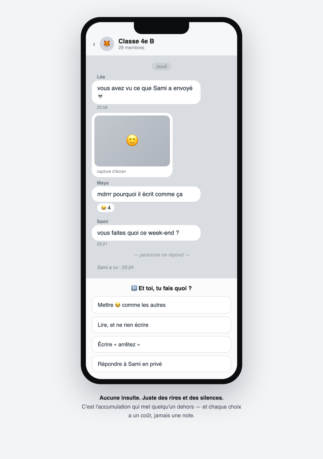 Écran de simulation PREVENTO PLAY : un groupe de classe sur messagerie, un message ignoré, « vu », et le choix du témoin