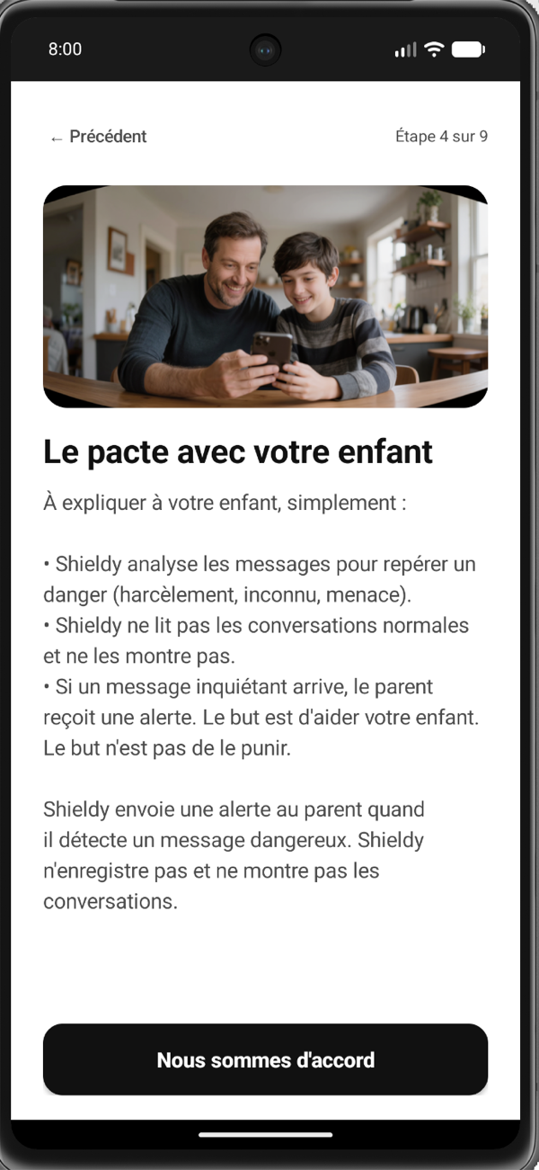 Écran de l'app Shieldy : le pacte avec l'enfant — aider, pas punir