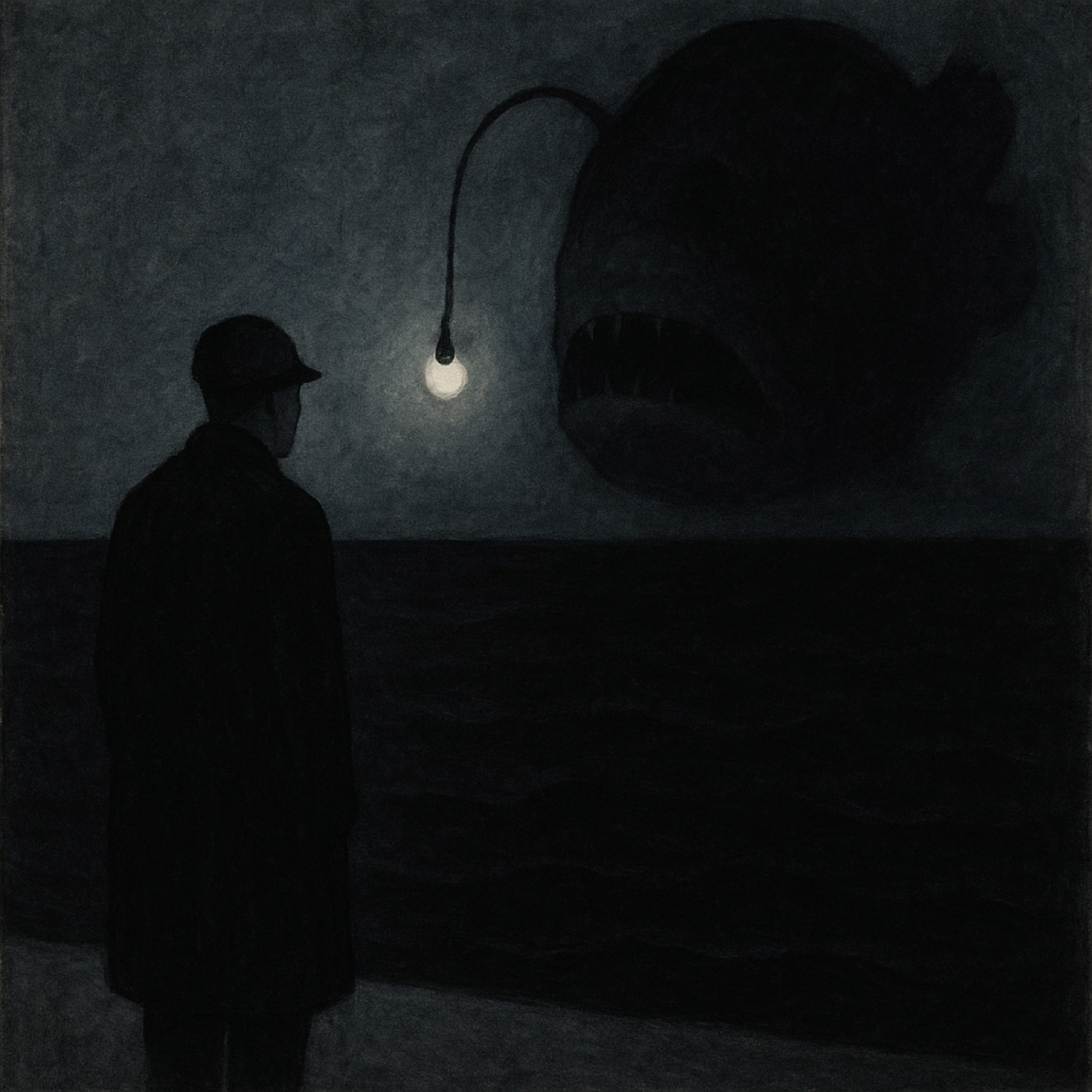 Une silhouette face à un leurre lumineux dans l'obscurité