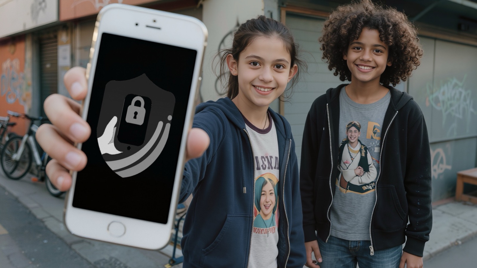 Deux adolescents souriants dans la rue ; l'un montre l'application Shelkid sur son téléphone