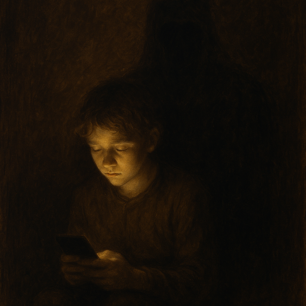 Peinture à la manière de Rembrandt : un enfant dans le noir, le visage éclairé par l'écran de son téléphone